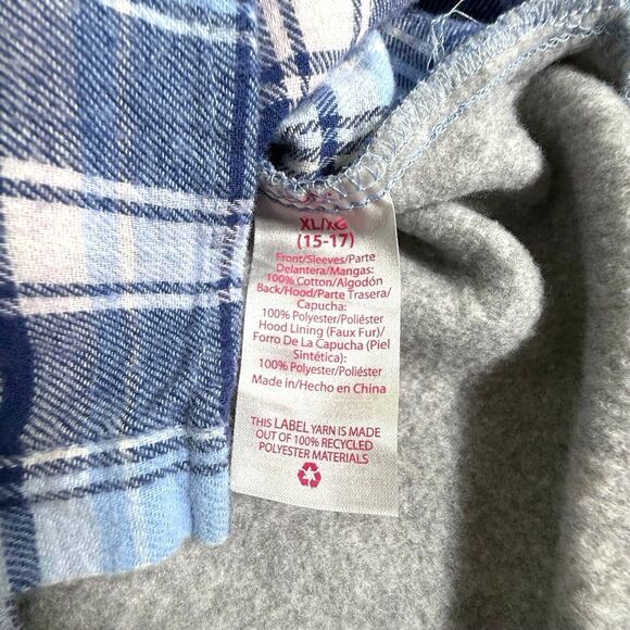 Flannel Faux Fur Hoodie Women Blue Plaid Button Up Long Sleeve Size XL (15-17) - Picture 5 of 10